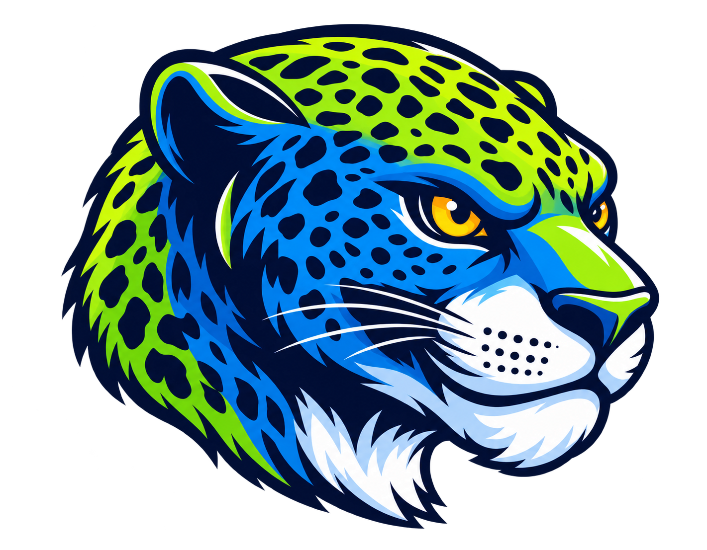 LMCJ jaguar mascot in blue and green